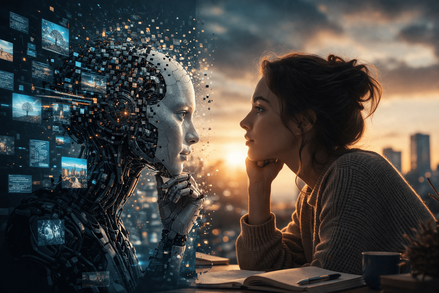 Concepto visual de AI Slop y alfabetización mediática mostrando el contraste entre contenido IA sin criterio y uso responsable de inteligencia artificial