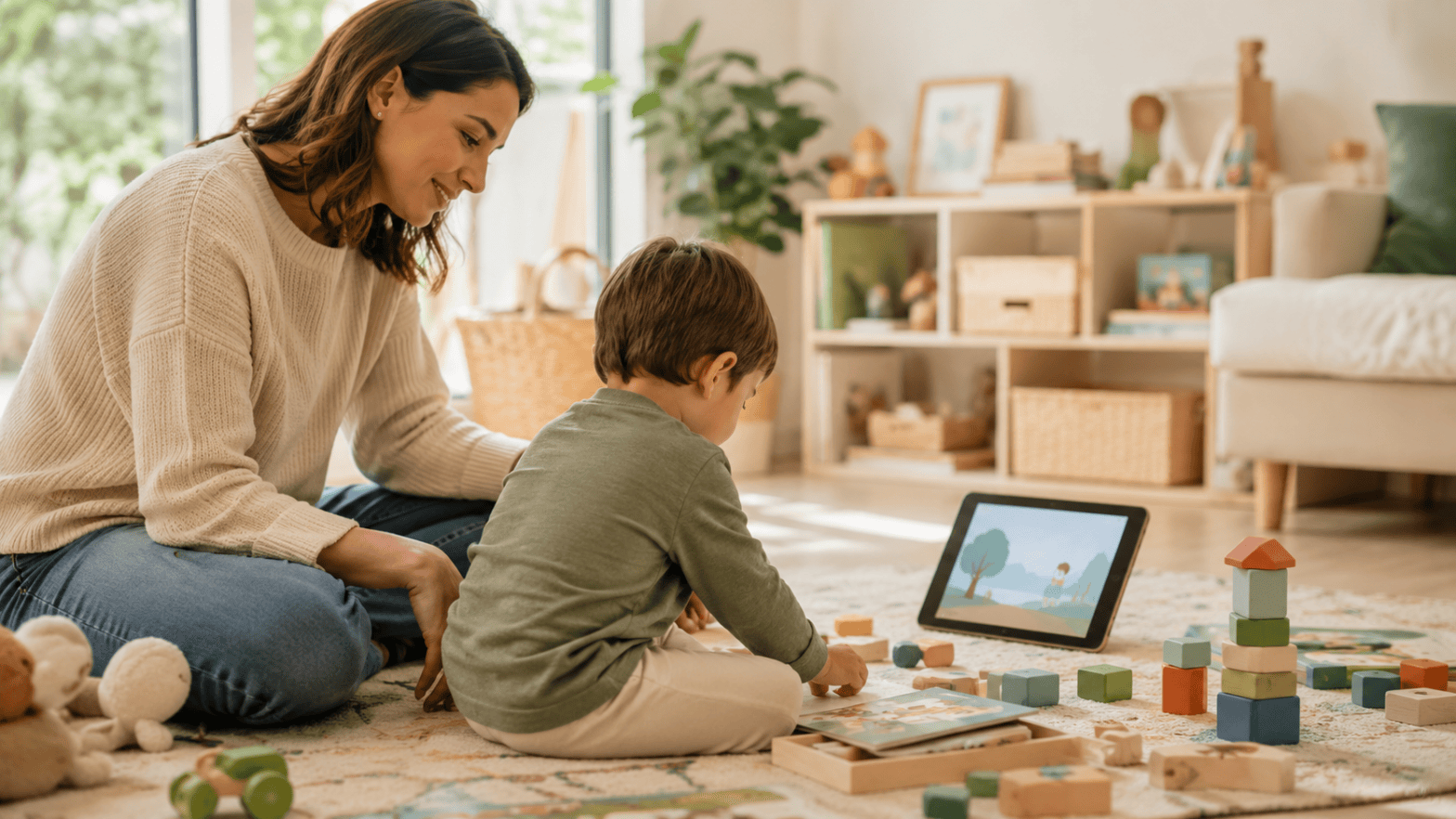Adulto acompañando a un niño de 3 a 5 años durante el uso de una tablet junto con juegos y libros, como ejemplo de bienestar digital y equilibrio de pantallas en la primera infancia.